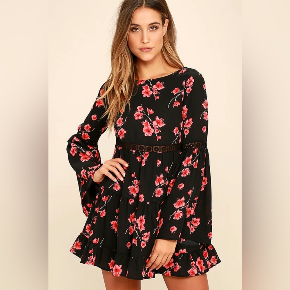 Lulus Dearly Bell-loved Black Floral Print Long Sleeve Dress Size XS